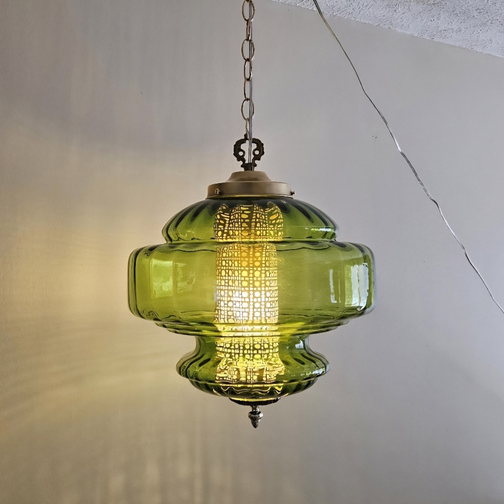 Vintage GREEN Glass FALKENSTEIN Hanging Light Swag Lamp Retro Diffuser Globe MCM